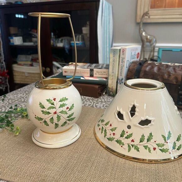 Lenox Holiday Candle Lamp Holder with Shade Festive Holly Berry Design Porcelain - Picture 2 of 5